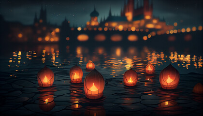 Floating lanterns in Yee Peng Festival, night street in the city, diwali concept, candles in the water, Ai generated image 