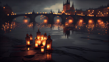 Floating lanterns in Yee Peng Festival, night street in the city, diwali concept, candles in the...