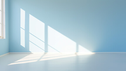 A Blurred Shadows on Pastel blue Wall, Sunlight through Window, white wooden floor, blank space for presentation