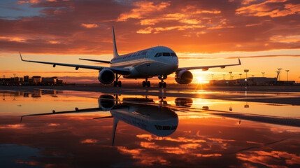 Airplane in the airport at sunset. Travel and business concept.
