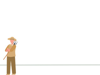 one line design illustration of young farmer, bottom left object vector for banner, quote, presentation. simple line vector, fork for gardening.