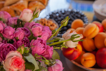 still life with flowers and fruits