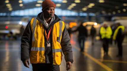 Portrait of an African-American man in a yellow jacket, airport worker.