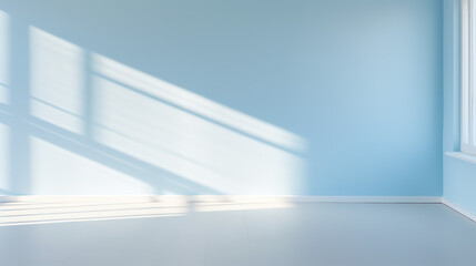A Blurred Shadows on Pastel blue Wall, Sunlight through Window, white wooden floor, blank space for presentation