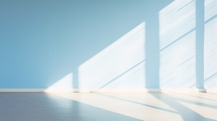 Obraz premium A Blurred Shadows on Pastel blue Wall, Sunlight through Window, white wooden floor, blank space for presentation