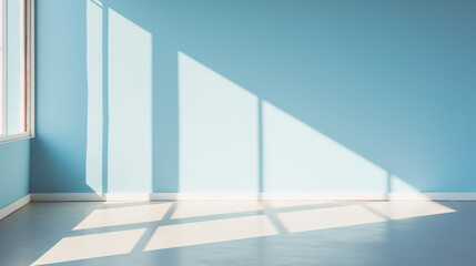 Fototapeta premium A Blurred Shadows on Pastel blue Wall, Sunlight through Window, white wooden floor, blank space for presentation