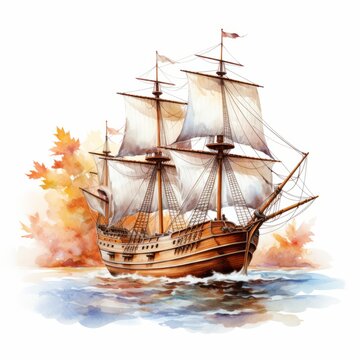 recommend clip art: Watercolor illustration fairy tale ship at sea with white sails on autumn landscape clipart by hand on white background.