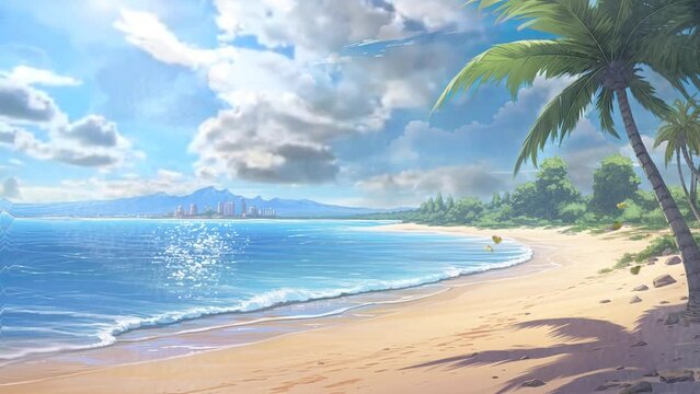 landscape in the beach with palm trees summer season. anime or cartoon style. seamless looping time-lapse virtual video animation background.