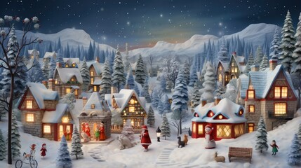 Village beautiful of christmas and winter theme decor christmas tree and snow - obrazy, fototapety, plakaty