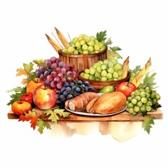 Autumn harvest of vegetables and fruits watercolor illustration clipart by hand on white background.