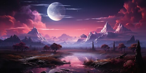 AI Generated. AI Generative. Purple pink landscape nature outdoor background. Mountains lake forest scene view adventure explore. Can be used like game concept inspiration