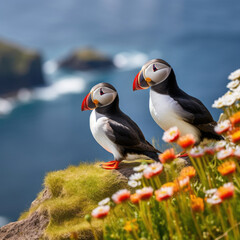 A pair of puffins sitting on a cliff together. Heimaey coast, Iceland. Generative Ai