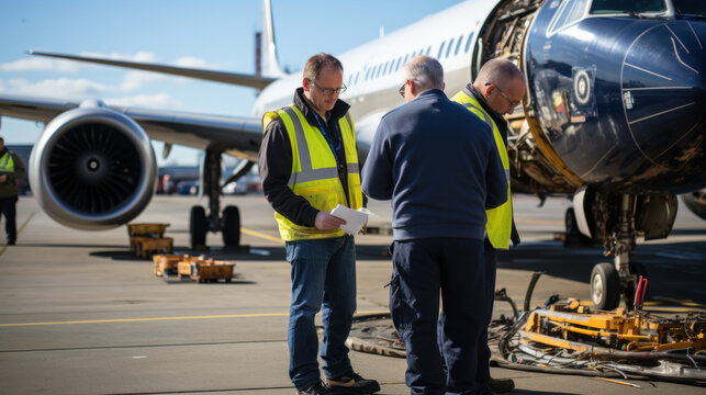 Front view of two mature men workers in yellow vests standing in front of airplane repair.