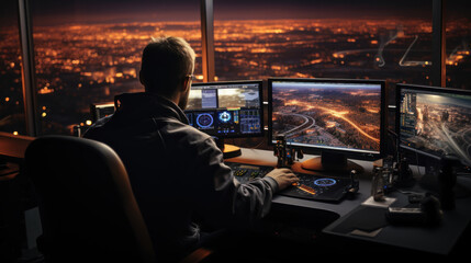 Air traffic controller worker. Office room with navigation screens,airplane departure and arrival data team. Airport tower concept.