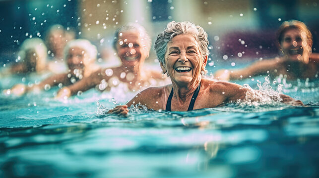 Exercise in water, Active senior women enjoying aqua fit class in a pool, displaying joy and camaraderie, embodying a healthy, retired lifestyle. Generative Ai