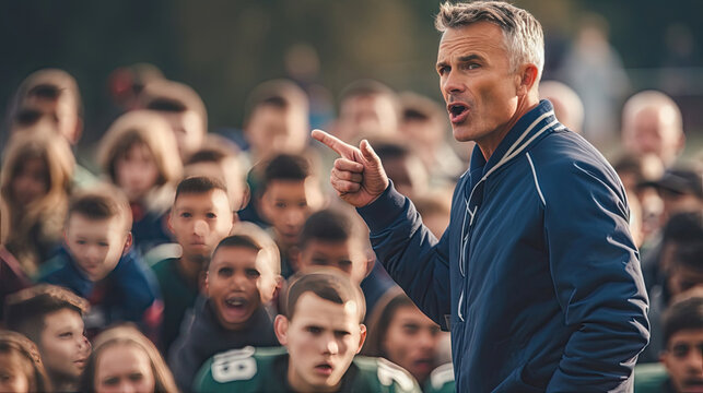 Football coach, Inspiring high school football coach delivering a passionate speech, promoting leadership and motivation to a captivated sports team. Generative Ai