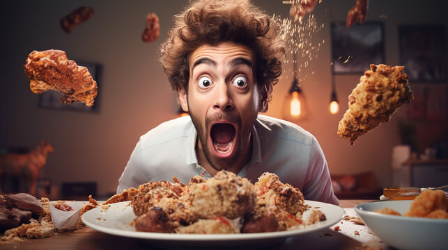 A Person with a Surprised Expression and a table full of brigadeiro, Crate a Funny man Eating pieces of fried chicken, Model Face with expression excited to eat food with light shoot in aesthetic