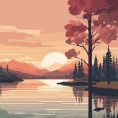 Fototapeten Design an intricate vector illustration that captures the tranquility of a lakeside landscape during sunset. Utilize a warm and inviting color palette of flat colors to depict the serene lake © Nadula
