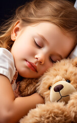A little child sleep hugged at fluffy soft toy