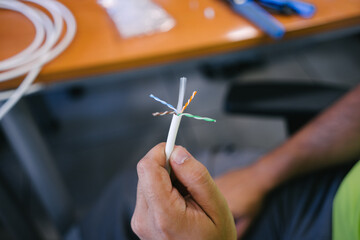 cut ethernet network cable. Prepared to crimp an RJ-45 connector