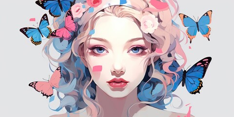 AI Generated. AI Generative. Beautiful girl woman with butterfly in hair make up fashion decoration. Graphic Art