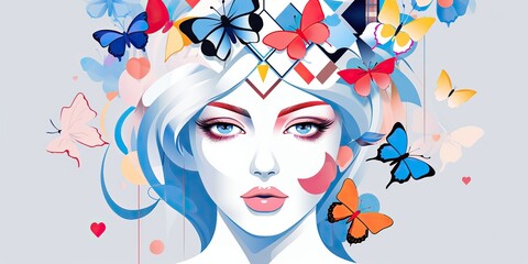 AI Generated. AI Generative. Beautiful girl woman with butterfly in hair make up fashion decoration. Graphic Art