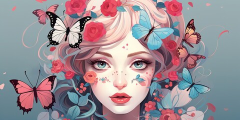 AI Generated. AI Generative. Beautiful girl woman with butterfly and flowers in hair make up fashion decoration. Can be used like femine decorative illustration