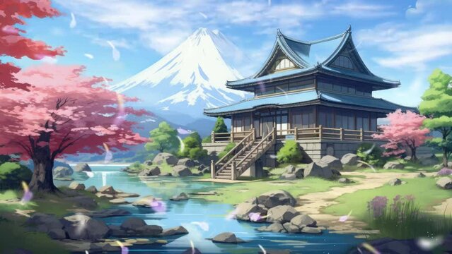 Beautiful fantasy spring nature landscape and cherry blossom tree animated background in Japanese anime watercolor painting illustration style. seamless looping video animated background