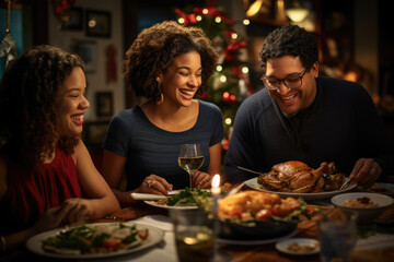 A family gathers for a holiday meal that includes classic family recipes alongside innovative culinary creations, reflecting the fusion of culinary traditions. Generative Ai.