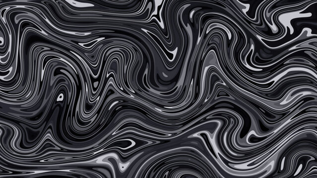 Abstract vector background with mixing liquid marbling paint texture. Black swirling fluid paint or resin with flow effect. Ink marbling for modern creative trendy design cover, flyer and poster