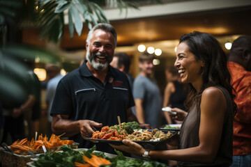 Residents gather for a potluck dinner in a communal clubhouse, celebrating diversity and building bonds through the shared experience of community living. Generative Ai.