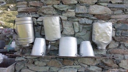 ancient traditional aluminum containers for freshly milked milk - Milking the cow to collect milk for cheese production - 
mountain pasture with stone houses