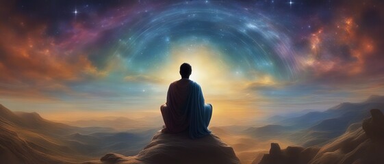 Silhouette of a monk in lotus pose on the edge of a cliff, religious celestial sky with aura of soul over a mountain landscape, digital art