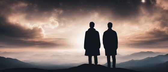 Silhouettes of two lonely people looking at the sky on the background of a fantastic mountain landscape with shining clouds