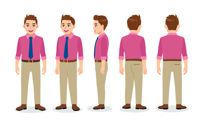 Fototapeta premium Working magenta shirt man character turn around with standing poses