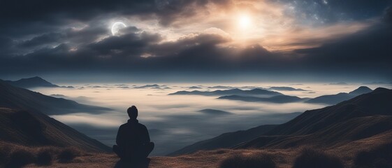 Silhouette of a lone man in lotus pose looking up at the sunset sky above the clouds in a mountain landscape.