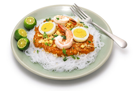  Pancit palabok, Filipino traditional noodle dish isolated on  white background