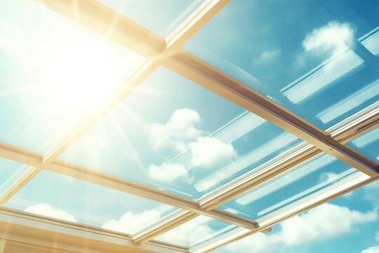 Glass window on the roof of a garage, through which the sun enters through the transparent glass.