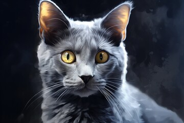 painted cute beautiful gray cat with yellow eyes on a black background