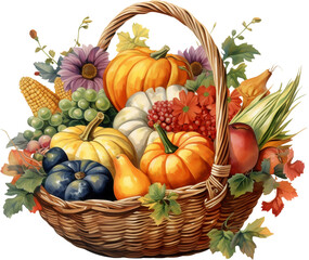 Watercolor Autumn Harvest Basket Clipart, Fall Vegetable PNG, Harvest Feast Clipart, Seasonal Clipart, Harvest basket, Fall fruit basket, Generative AI