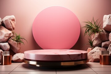 3D rendering of pink luxury abstract background. Podium for show product with pink stones. minimal and modern design with a combination of geometric shapes, creating a perfect platform