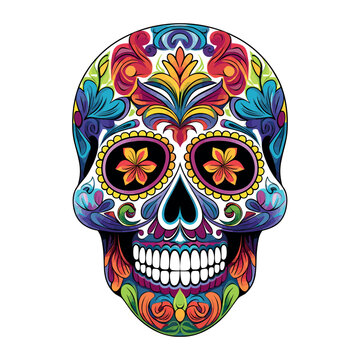 Black and White Mexican calavera sugar skull with flowers pattern vector tattoo design.