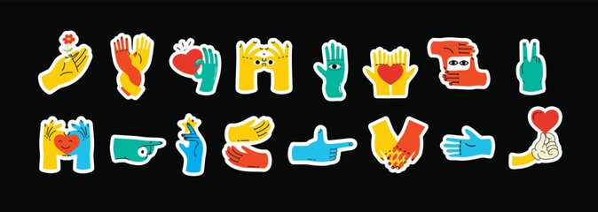 Fototapeta Groovy hippie stickers set of colorful hands with different gestures. Hands with heart, eyes, together hands and etc. Hand drawn vector illustration. obraz