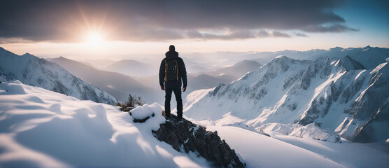A wide-angle shot of a silhouette of a man standing on top of a snow mountain and looking at a beautiful panorama of the mountain landscape against sunset sky.