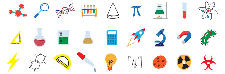 colorfull science doodle icon pack bundle education school chemistry, biology, symbol math