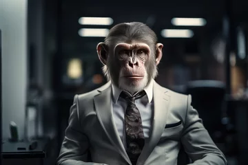Zelfklevend Fotobehang A monkey in a business suit in the office. Generative AI. ©   Vladimir M.