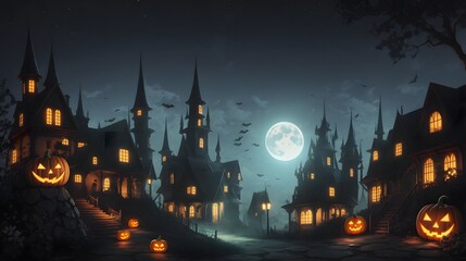Obraz premium Halloween Spooky Background with Selective Focus and Copy Space Halloween Background with Scary Pumpkins Candles in The Graveyard at Night with A Castle Background AI Generative