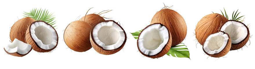 Set of Coconut watercolor collection of hand drawn, Coconut Green brown and white color, Coconut elegant watercolor , Coconut isolated transparent background, PNG.	