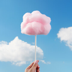 Summer Delight: Hand Holding Pink Cotton Candy under Blue Sky