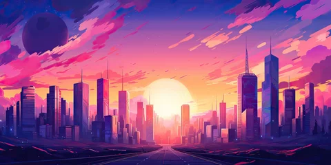 Fototapeten AI Generated. AI Generative. Vintage retro pink purple vaporwave synthwave city town buildings cityscape background at sunset. Graphic Art © AkimD